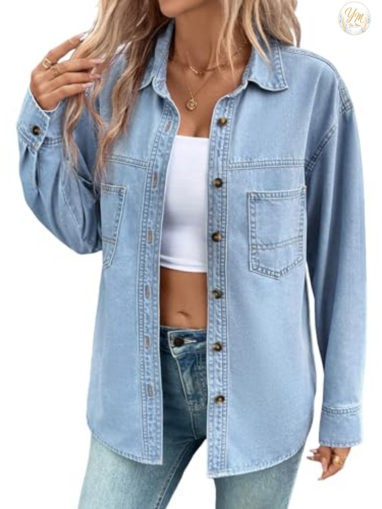 Women's Oversized Denim Shirt Long Sleeve Button Down V Neck Casual Chambray Top